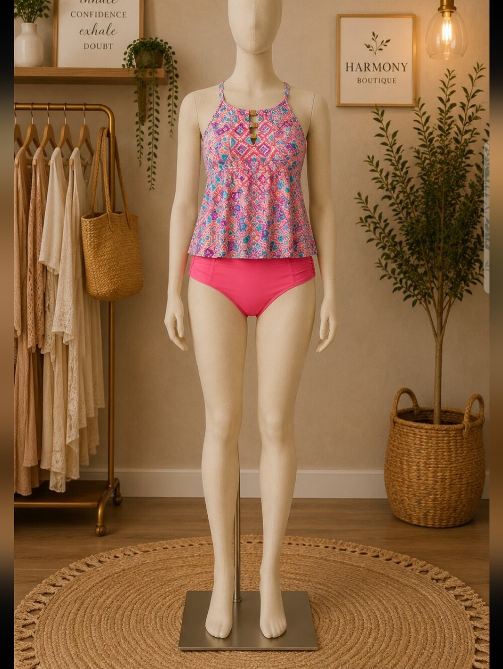 Womens Pink Geo Print Tankini Swim Set